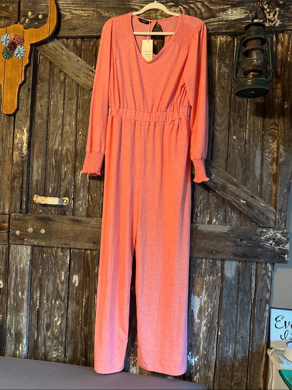Smocked-Cuff Coral Long-Sleeve Jumpsuit